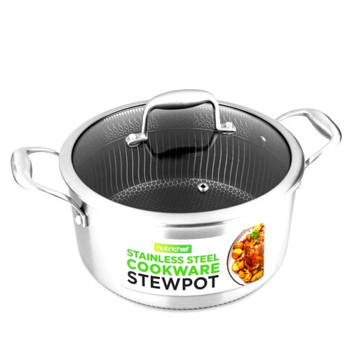NutriChef 5 QT Stainless Steel Stew Pot - Triply Kitchenware Stew Pot with Glass Lid - DAKIN Etching Non-Stick Coating, Scratch-resistant Raised-up Honeycomb Fire Textured Pattern - NutriChef NC3PCAS