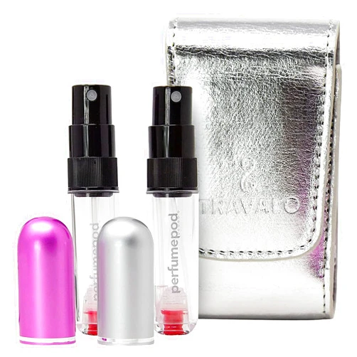 Perfume Pod Travalo Pod Pure Perfume Atomizer Duo w/Pouch - Leak-Proof and TSA Approved for Air Travel - Reusable, Airtight, Easy-Fill Mini Pump Sprayer - Clear Body - Lid Colors Silver & Perfect Pink - 2 Pack