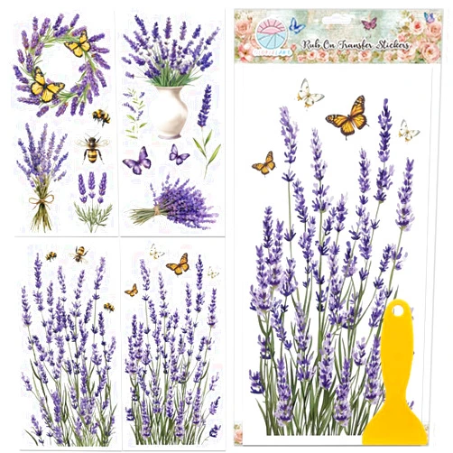 GLOBLELAND 4 Sheets Lavender Flowers Furniture Transfer 6x12inch Butterfly and Bee Rub on Transfer Sticker UV Self-Adhesive Wall Art Craft for Bedroom Living Room Desk Table Decoration