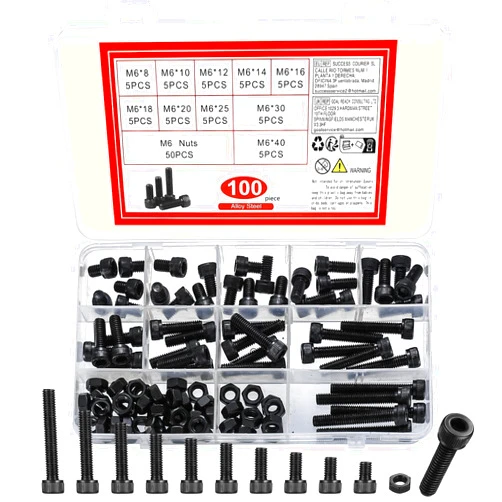 YOUYIDUN M6 Hex Socket Head Cap Screws Bolts and Nuts Assortment Kit, 100 Pcs Metric Allen Hex Socket Drive Screws Bolts, 12.9 Grade Alloy Steel, Black Oxide Finish, Fully Threaded