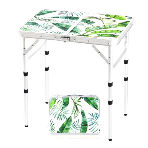 Yriuat Folding Camping Table 2ft Portable Pinic Table Adjustable Height Table Small Card Table Aluminum Foldable Lightweight with Carry Handle for Outdoor Indoor Hiking Camp BBQ Beach (Monstera Palm Leaves)