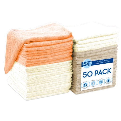 S&T INC. Microfiber Cleaning Cloth, Bulk Microfiber Towel for Home, Reusable Microfiber Towels for Cars, Neutral Coral, 11.5 in. x 11.5 in., 50 Count