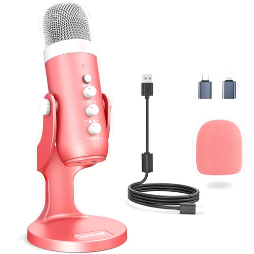ZealSound Gaming USB Pink Microphone with Quick Mute for Phone Computer PC PS5,Studio Mic with Gain Control,Echo&Monitor Volume Adjust for Streaming Vocal Recording ASMR Podcast Video K66