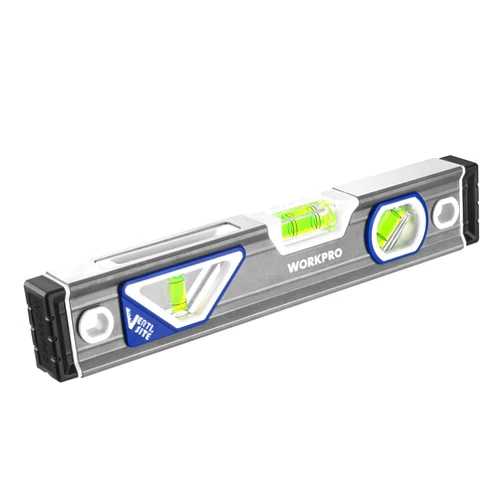 WORKPRO 10 Inch Torpedo Level, Small leveler tool with 3 Different Bubbles 45°/90°/180°, bubble level With Shock Absorbing End Caps, V-Groove for Conduit Bending, Silver/White/Blue