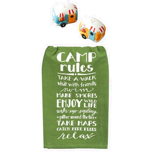 Donna's Home Emporium 3 Piece Camper Kitchen Accessory Bundle, Vintage Camper Salt/Pepper Set and Camp Rules Towel