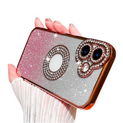 MINSCOSE Compatible with iPhone 16 Glitter Case,Luxury Cute Sparkle Diamond Design with Bling Camera Protection Plating Logo View,Aesthetic Shockproof Bumper for Women Girls Phone Cover-Pink
