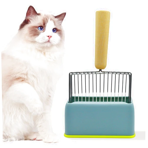 MUYG Cat Litter Scoop with Holder,Metal Cat Scooper for Litter Box with Wooden Handle,Kitty Litter Scoop with Durable Washable Base Stand Heavy Duty Cat Litter Box Scooper for Easy Fast Sifting（Blue）
