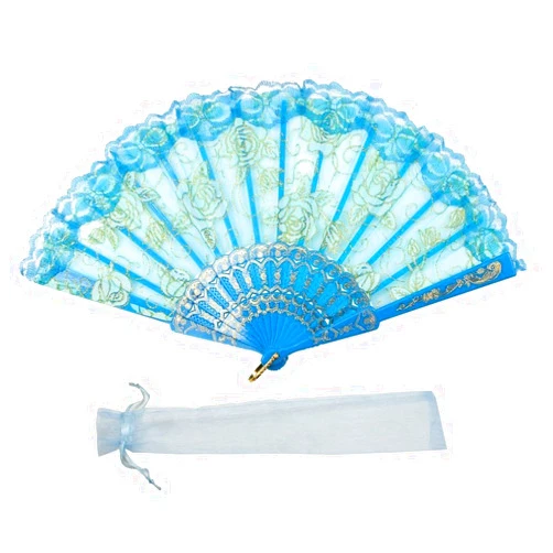 Newstarfactory Lace Flowers Design Plastic Folding Hand Held Fan (Blue)