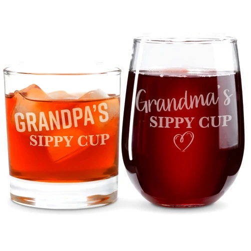 On The Rox Drinks Grandma and Grandpa Gifts - 17oz Grandma's and 11oz Grandpa's Sippy Cups, Set of 2- Gift Wine and Whiskey Glasses - Gift Ideas for First-Time Grandmother or New Grandparents