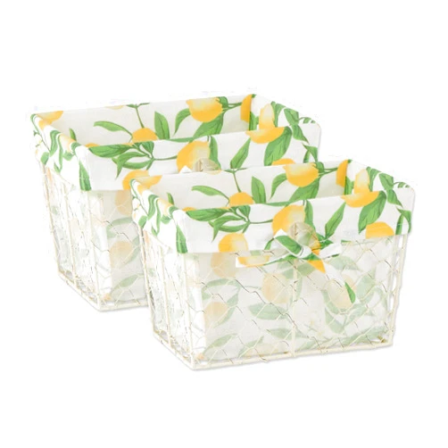 DII Farmhouse Chicken Wire Storage Baskets with Liner, Medium, Antique Lemon Print, 11x7.88x7
