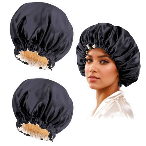 Edoneery Satin Silk Bonnet for Curly Hair Bonnet Braid Bonnet for Sleeping Bonnets for Women Large Double-Layer Adjustable(2Pcs Black)