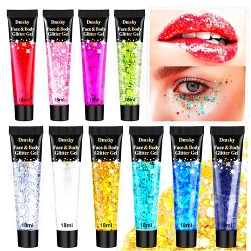 Dmsky Body Glitter Hair Glitter Face Paint Sparkles Makeup,10 Colors Glitter Gel Singer Concerts Disco Rave Festival Valentine’s Day Accessories,Chunky Sequins Mermaid Gel for Women Eyeshadow Children Hair