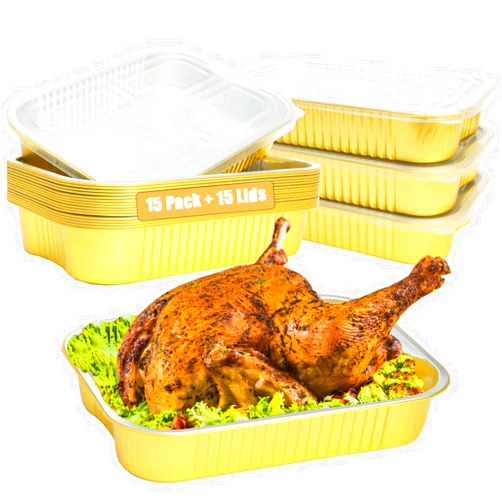 Karasmay 9x13 Aluminum Pans with Lids Half Size Extra Heavy Duty (15 Pack + 15 Lids), Gold Disposable Aluminum Foil Baking Pan Double Thick Tin Foil Food Container for Cooking,Baking,Meal Prep,Heating