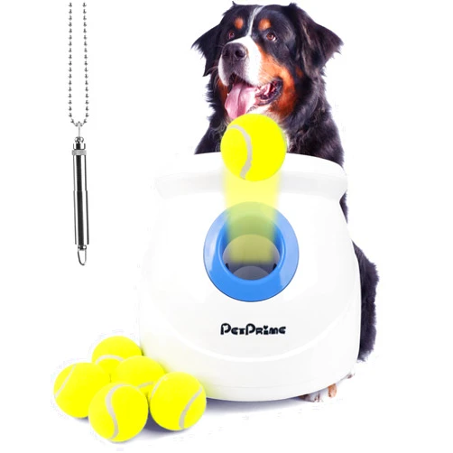 Pet Prime Dog Automatic Ball Launcher for Large Dogs Ball Thrower Machine Outdoor Indoor Use Interactive Dog Toy Adjustable Distance 10-40ft - Included 6 PCS 2.5” Tennis Balls and a Whistle