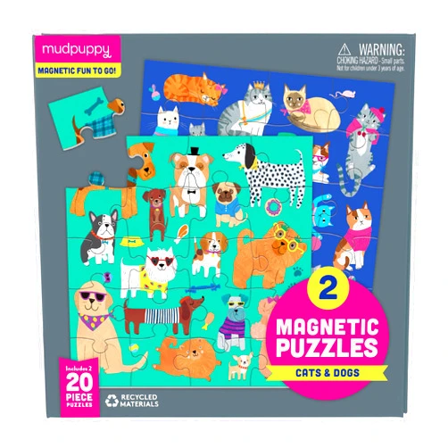 Mudpuppy Cats & Dogs - Tri Fold Magnetic Puzzles Featuring Two 20 Piece Cat and Dog Themed Artwork