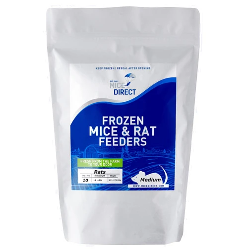 MiceDirect EST. 2003 10 Frozen Rat Medium Feeders Snake Food Adult Ball Pythons Monitors Lizards and Birds of Prey (6-8 in) (No Flavoring)