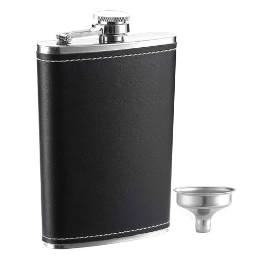 YWQ 1 Pack Flask for Liquor and Funnel, Premium 8 Oz Leak Proof 18/8 Stainless Steel Pocket Hip Flask with Black Leather Cover, Great Gift Idea Flask