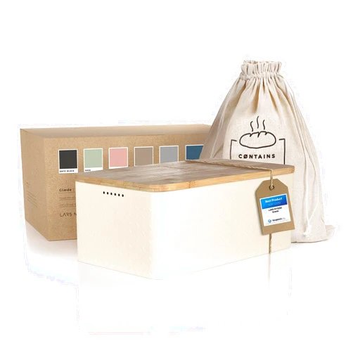 LARS NYSØM Bread Box I Metal bread box with linen bread bag for long lasting freshness I Bread box with bamboo lid usable as cutting board I 13.4x7.3x5.3In (Almond Beige)