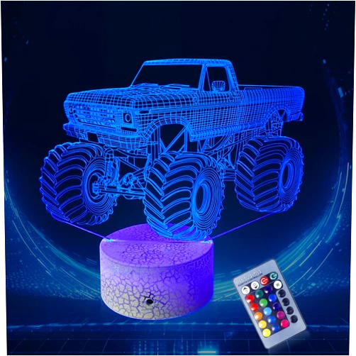 IKIMMEKA 3D Night Light Monster Trucks LED Lamp for Kids 16 Colors Changing Car Shape Remote Control&Smart Touch Lighting Bedroom Decor Birthday Xmas Gift