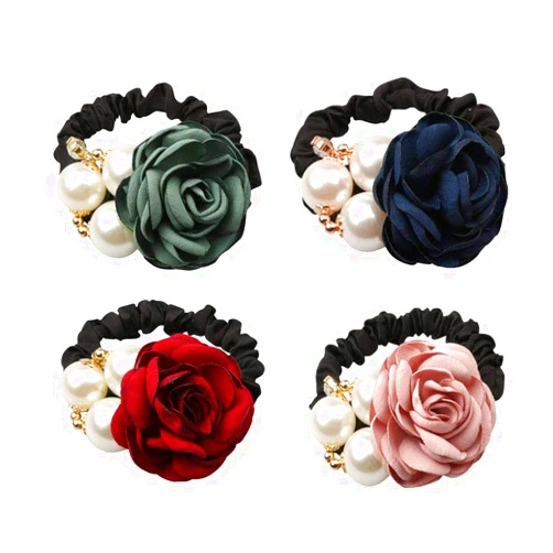 LOVEF 4Pcs Korean Fashion Pearl Hair Rope Rose Flower Rhinestone Hair Ties/ Jewelry Rubber Band