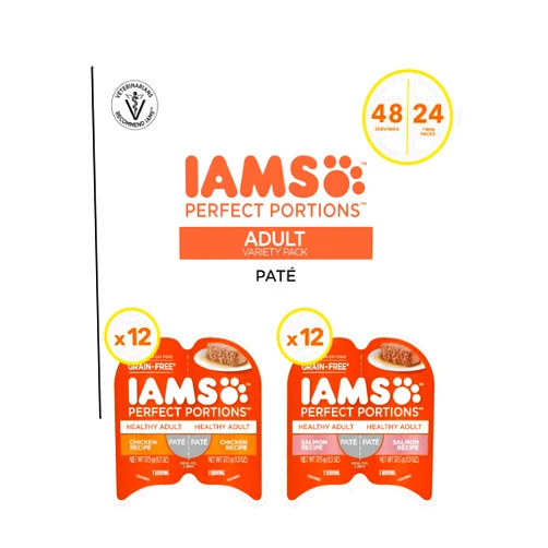 Iams Perfect Portions Wet Cat Food Healthy Adult Paté, Chicken and Salmon Recipes, (24) 2.6 oz Variety Twin-Pack Trays