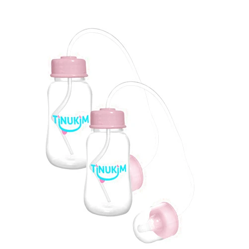 Tinukim iFeed 4 Ounce Self Feeding Baby Bottle with Tube - Handless Anti-Colic Nursing System, Pink - 2-Pack