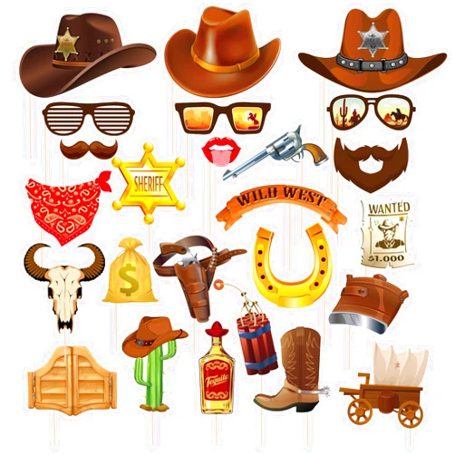 LENSARKU 25 Pcs Western Photo Booth Props Supplies, Western Themed Party Decorations for Adults, Funny Cowboy Party Favors for Wild West Party, Western Cowboy Birthday Party, Country Party
