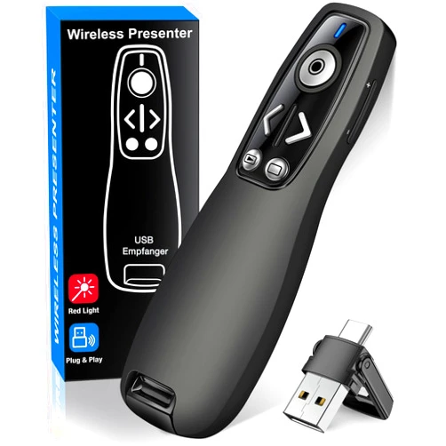 ELISWEEN 2-in-1 USB Type C Presentation Clicker Wireless Presenter Remote for PowerPoint, Powerpoint Clicker with Volume Control PowerPoint Slide Advancer for Mac, Computer, Laptop-E600