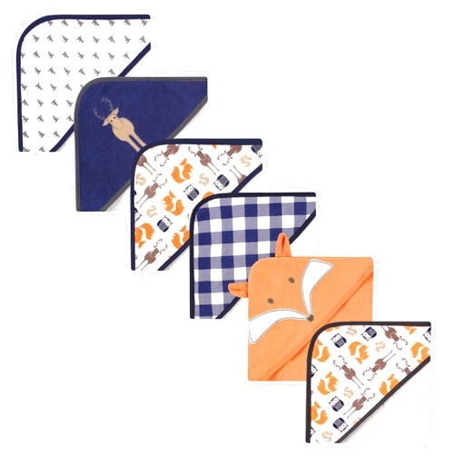 Hudson Baby Unisex Baby 6Pc Cotton Rich Hooded Towels Bundle Set, Blue Moose Fox, One Size