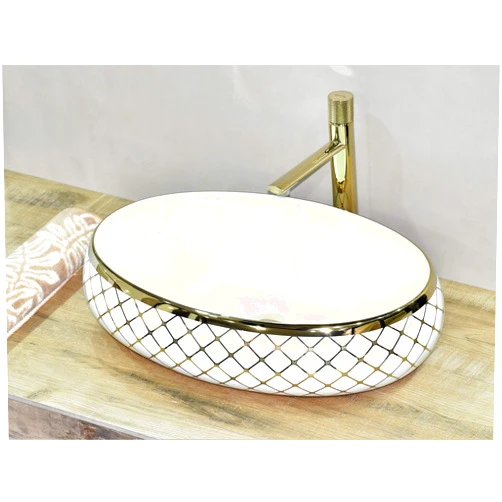 InArt Above Counter Vessel Sinks,Bathroom Sink, Ceramic Vessel Sink Porcelain Oval Gold White Color Vessel Sink 60 x 40 x 15 CM
