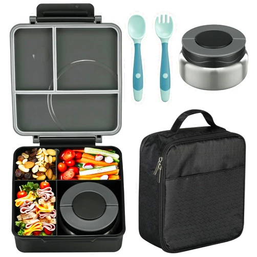 Howeemo Bento Lunch Box Set for Kids with 8oz Soup Thermo, Leak-Proof Lunch Containers with 4 Compartment, Kids Thermo Hot Food Jar and Insulated Lunch Bag for Kids to School-Black