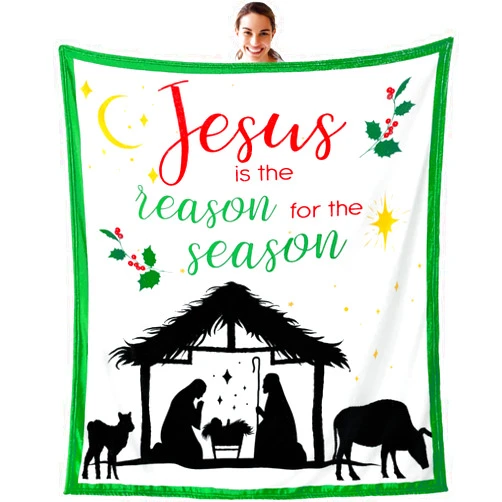HunnmingRe 60x50 Christian Gifts Women Soft Christmas Throw Blanket Jesus is The Reason for The Season Nativity, Flannel Religious Blanket Home Decor for Bed Couch(Red, Green,Classic Style)