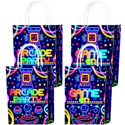 Brattol 16 Pieces Game on Goodie Bags for Gamer Birthday Party Supplies,Arcade Gaming Gift Snacks Treat Candy Party Favors Bags with Handles for Kids Adults Video Game Theme Party Decorations (Arcade-Blue)