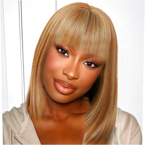 JulyQueen Blonde Highlight Bob Wig for Women Brown Mixed Blonde Synthetic Hair Short Wig with Bangs Natural Look Straight Hair Layered Wig for Daily and Cosplay Parties 16 Inch