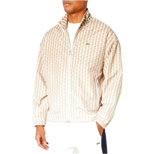 Lacoste Men's Long Sleeve AOP L Full Zip Hoodless Blouson Jacket W/Arm Stripes & Large Croc Back Graphic