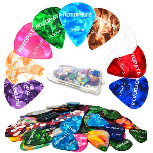ROTOPATA 150 Pack Guitar Picks with Organizer Storage Box, 0.5 0.75 0.84 1.0 1.2mm Includes Thin Medium Heavy Thickness, Variety Colorful Celluloid Plectrums for Bass Electric Acoustic Guitars Ukulele