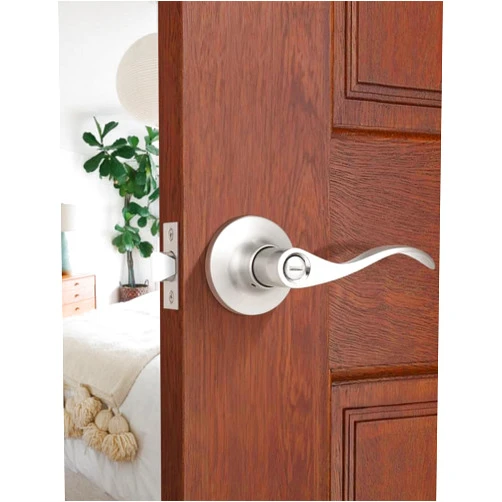 Mengico 1 Pack Satin Nickel Privacy Door Lever, Modern Interior Door Knobs Locks for Bedroom and Bathroom, Heavy Duty Door Handle, Reversible Wave Lever Handle
