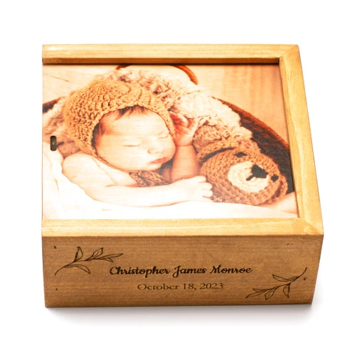 Cades and Birch Handmade Photo Storage Box Solid Wood - USB Drive Box - Photo Print on Wood Lid - Personalized Engraved Baby Name - Photographer Packaging
