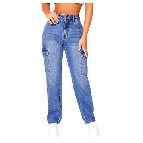 MakeMeChic Women's Casual Jeans High Waisted Flap Pocket Side Straight Leg Cargo Denim Pants