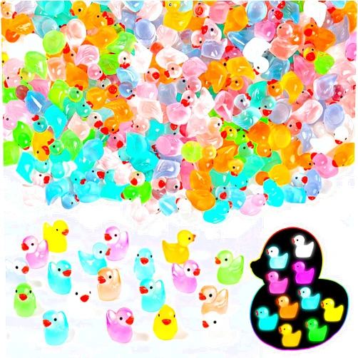 POSOUL 200PCS Mini Ducks Tiny Resin Ducks Glow in The Dark Bulk Miniature Animals Little Ducks for Fairy Garden Potted Dollhouse Decor Accessories Small Ducks for Party Favors Office Home to Hide