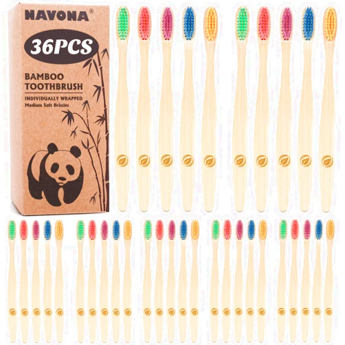 Navona 36 PCS Biodegradable Bamboo Toothbrushes, Individually Wrapped Bulk Toothbrushes, BPA Free Medium Soft Bristles Eco-Friendly, Natural Wood Toothbrushes Bulk, Reusable Travel Toothbrushes