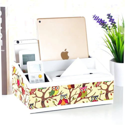 Lokaluo Leather Tissue Box Cover Desk Organizer Rectangular Multifunctional Tissue Holder Remote Control Holder Yellow PU Leather Desktop Tissue Storage Box with Compartments for Home Office