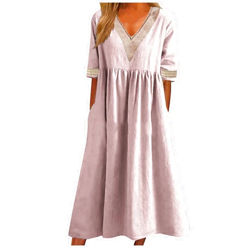 XUNRYAN 2024 Dresses Women Summer Casual Button Flowy Pleated Short Sleeve V-Neck Knee Length Midi Dress Beach Sundress