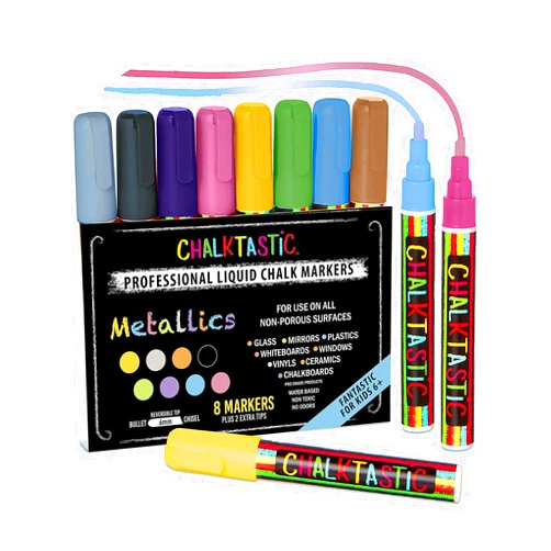 Chalktastic Chalk Markers, Chalkboard Markers with Reversible 6mm Fine or Chisel Tip, Erasable Liquid Chalk Markers for Menu Board, Glass, Blackboard, Window, Signs, Bistro, Car (Metallic - 8 Pack)
