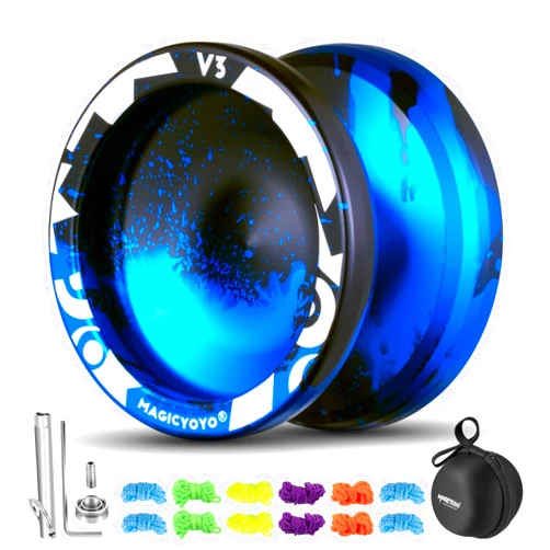 MAGICYOYO V3 Responsive Yoyo for Kids Beginners , Professional Yoyo for Adult, Dual Purpose Metal Yo-Yo with Replacement Bearing + 12 Yoyo Strings, Bearing Removal, Axle, Yoyo Case (Black Blue)