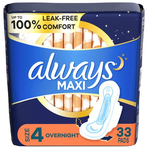 Always Maxi Pads Size 4 Overnight Absorbency Unscented with Wings, 33 Count