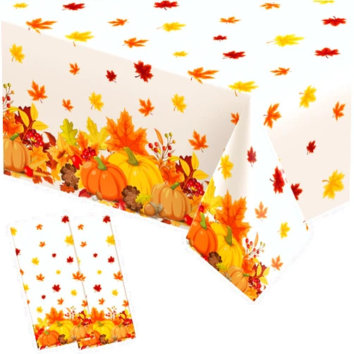 PartyGarden Fall Thanksgiving Tablecloth - 2 Pack Autumn Themed Pumpkin Maple Leaves Table Covers Rectangular Plastic Disposable Table Cloth for Fall Thanksgiving Day Harvest Party Table Decoration 54