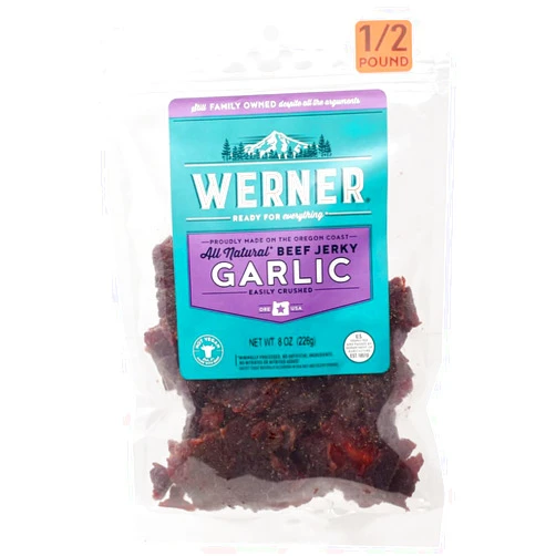 Werner Beef Jerky All Natural Meat Snack Half Pounder – High Protein Snack, Gluten-Free, No Artificial Ingredients, No Added MSG (8 Ounce) (Garlic)