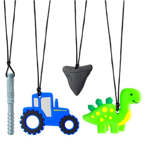 GROBRO7 4Pcs Sensory Chew Necklaces Car Teether Shark Tooth Food Grade Silicone Teething Chewing Toy Dinosaur Chewable Pendant for Infant Nibble Oral Motor Autism ADHD Boy Girl Kids
