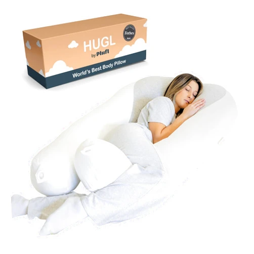 Plufl Hugl Cooling Body Pillow for Adults Made with CloudSupport Fill | U Shaped Maternity Pillows Great for Side Sleepers & Pregnant Women | Washable Cover | White